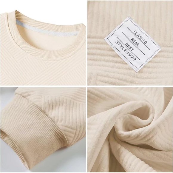 Men Men's Crewneck Sweat Soild Color Geometric Texture Long Sleeve Casual Shirt - Picture 4 of 6